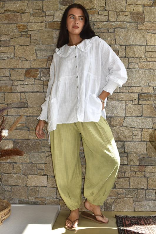 Annie Cushion Cotton Peter Pan Smock Blouse White